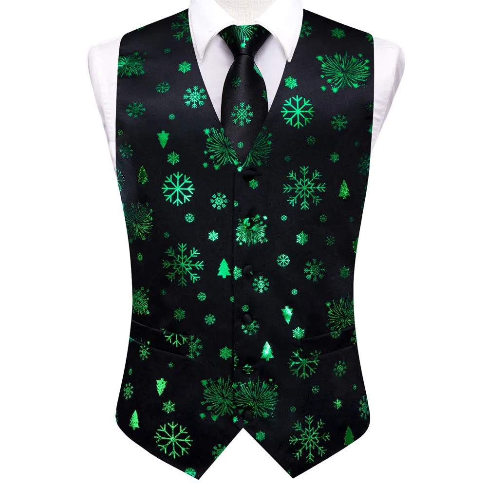 Hi-Tie Black Green Christmas Elements Vest Necktie Bowtie Set