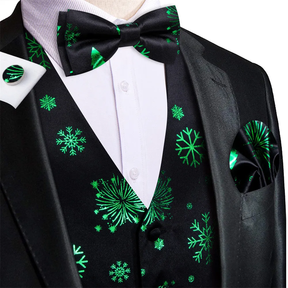 Hi-Tie Black Green Christmas Elements Vest Necktie Bowtie Set