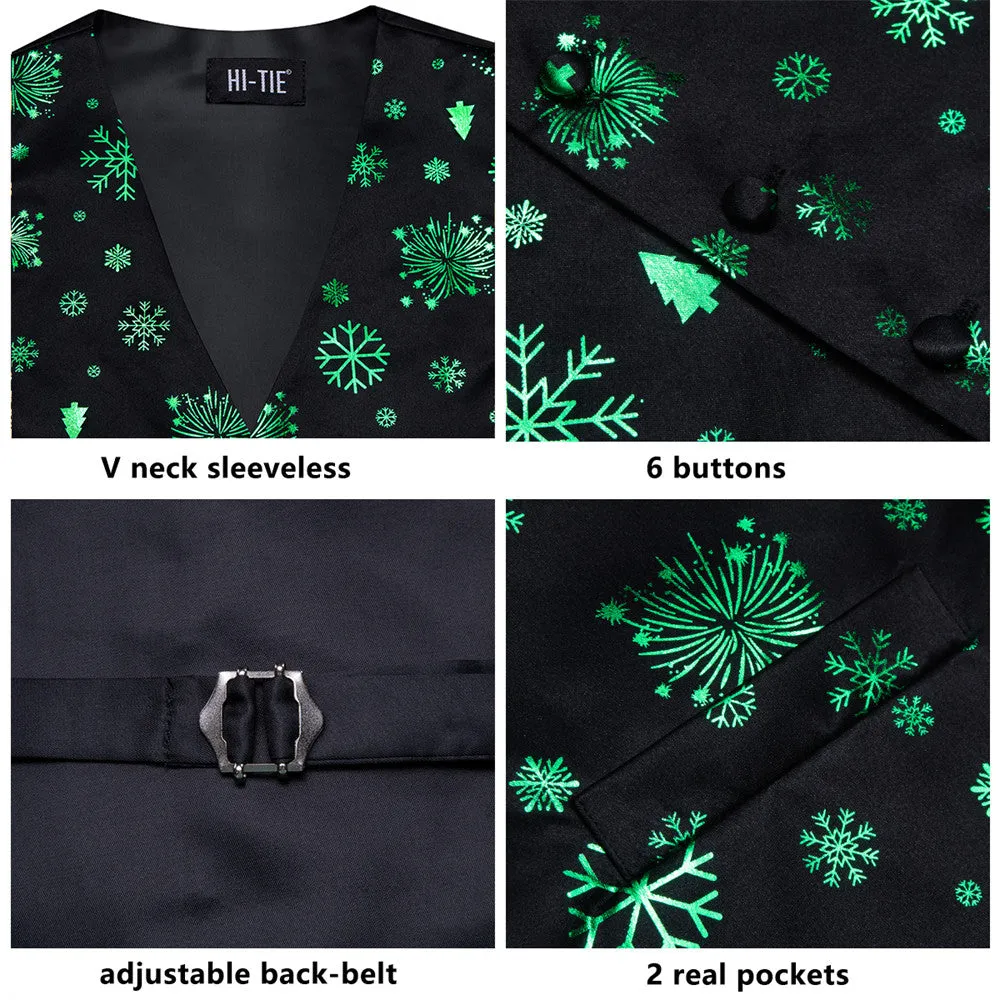 Hi-Tie Black Green Christmas Elements Vest Necktie Bowtie Set