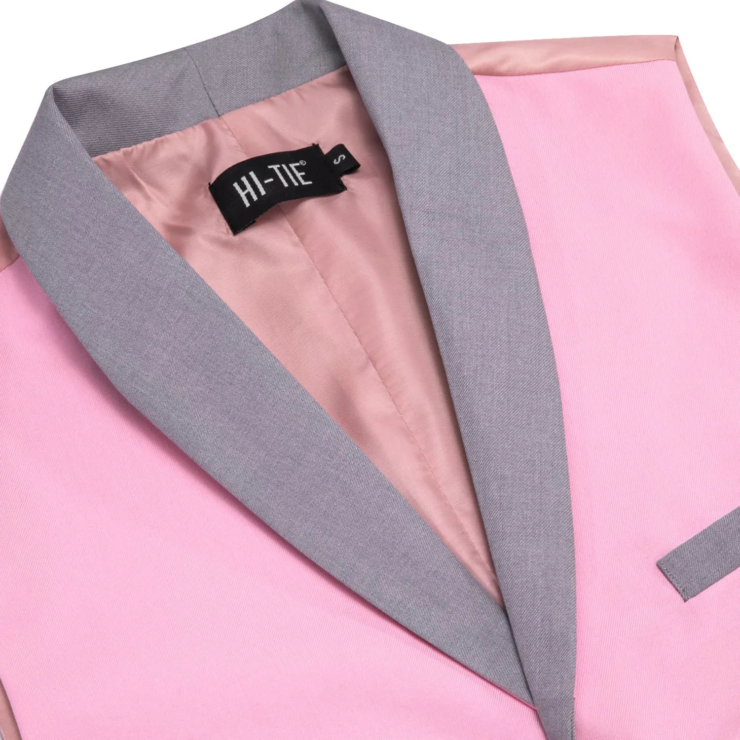 Hi-Tie Grey Shawl Collar Pink Solid Waistcoat Formal Vests for Business