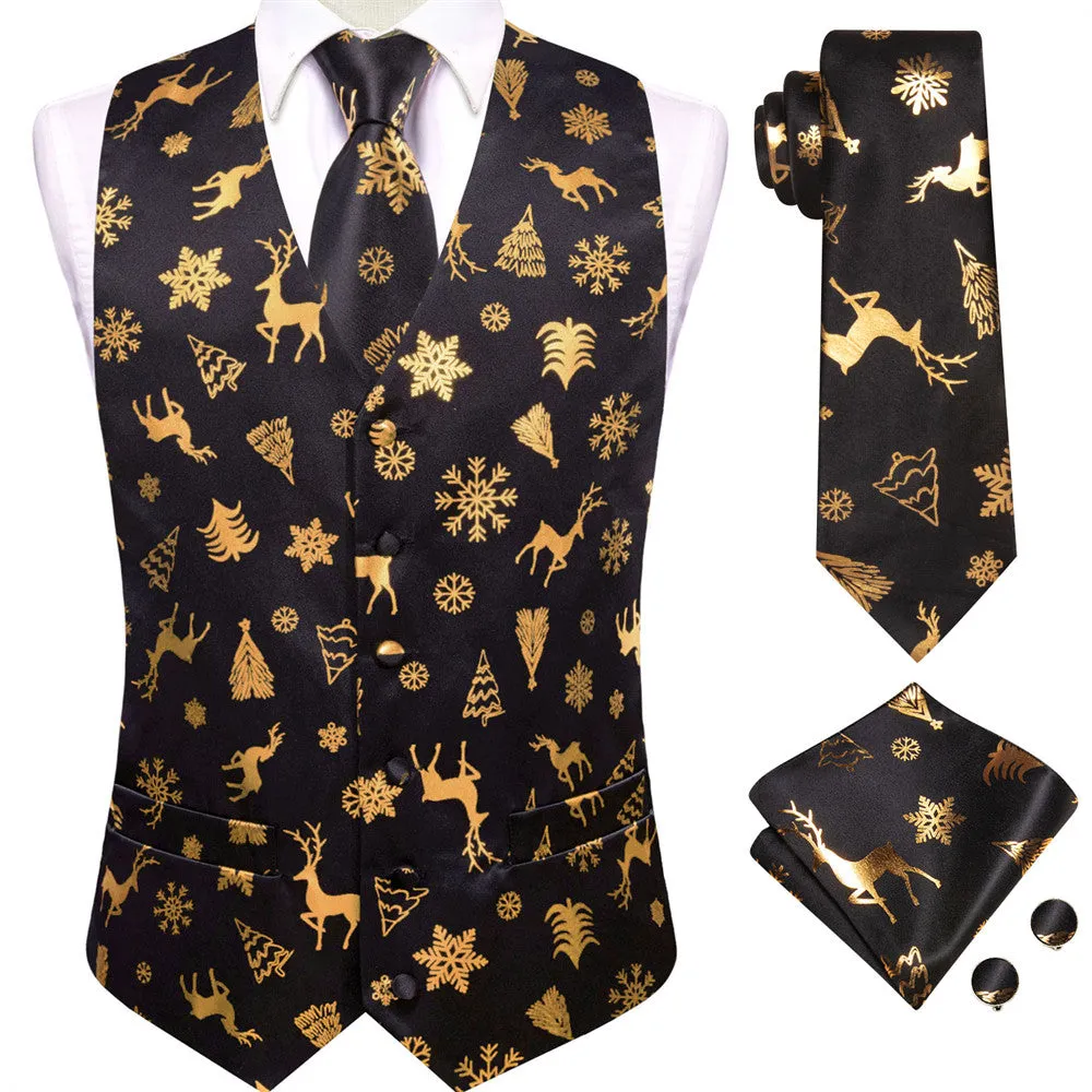 Hi-Tie Mens Waistcoat Black Gold Christmas Tree Elements Vest Necktie Set