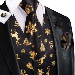 Hi-Tie Mens Waistcoat Black Gold Christmas Tree Elements Vest Necktie Set