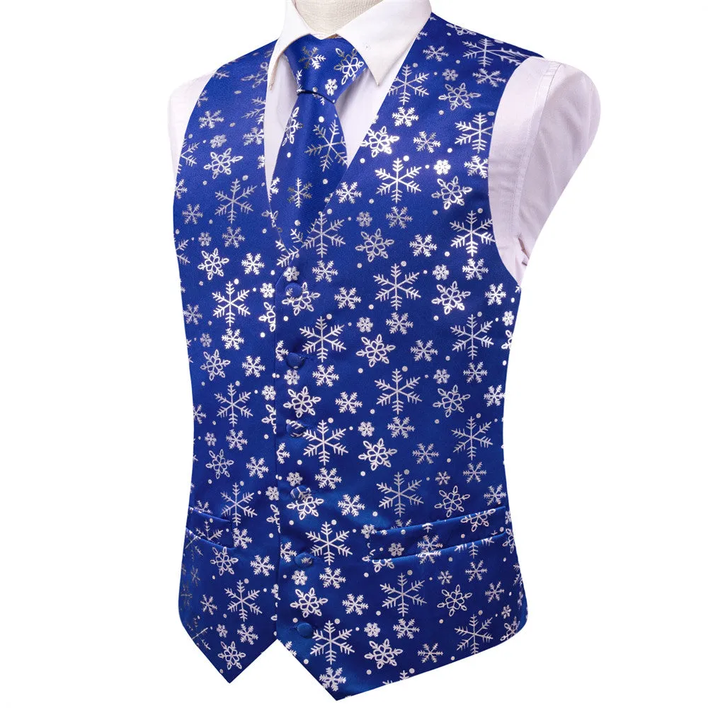 Hi-Tie Mens Waistcoat Blue Silver Snow Christmas Vest Necktie Set