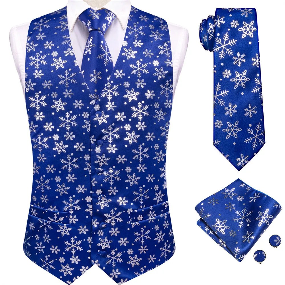 Hi-Tie Mens Waistcoat Blue Silver Snow Christmas Vest Necktie Set