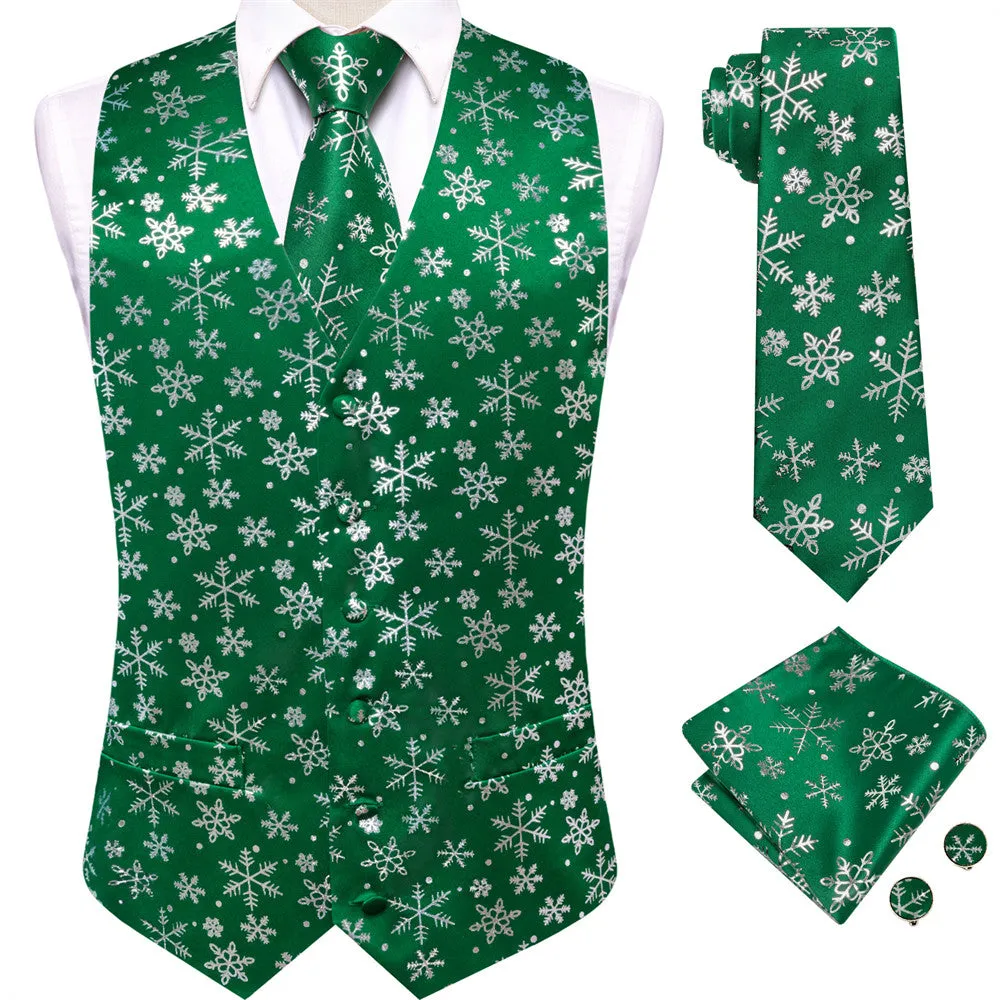 Hi-Tie Mens Waistcoat Green Silver Snow Christmas Vest Necktie Set