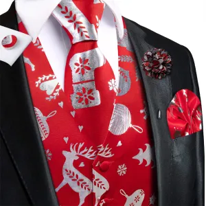 Hi-Tie Mens Waistcoat Red Silver Christmas Elements Vest Necktie Set