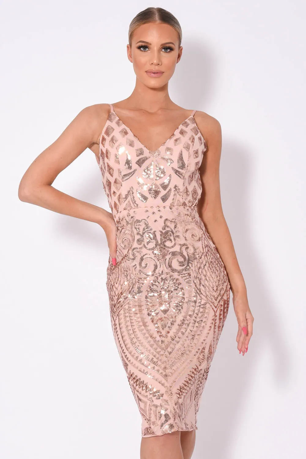 High Shine Luxe Rose Gold Sequin Backless Midi Dress