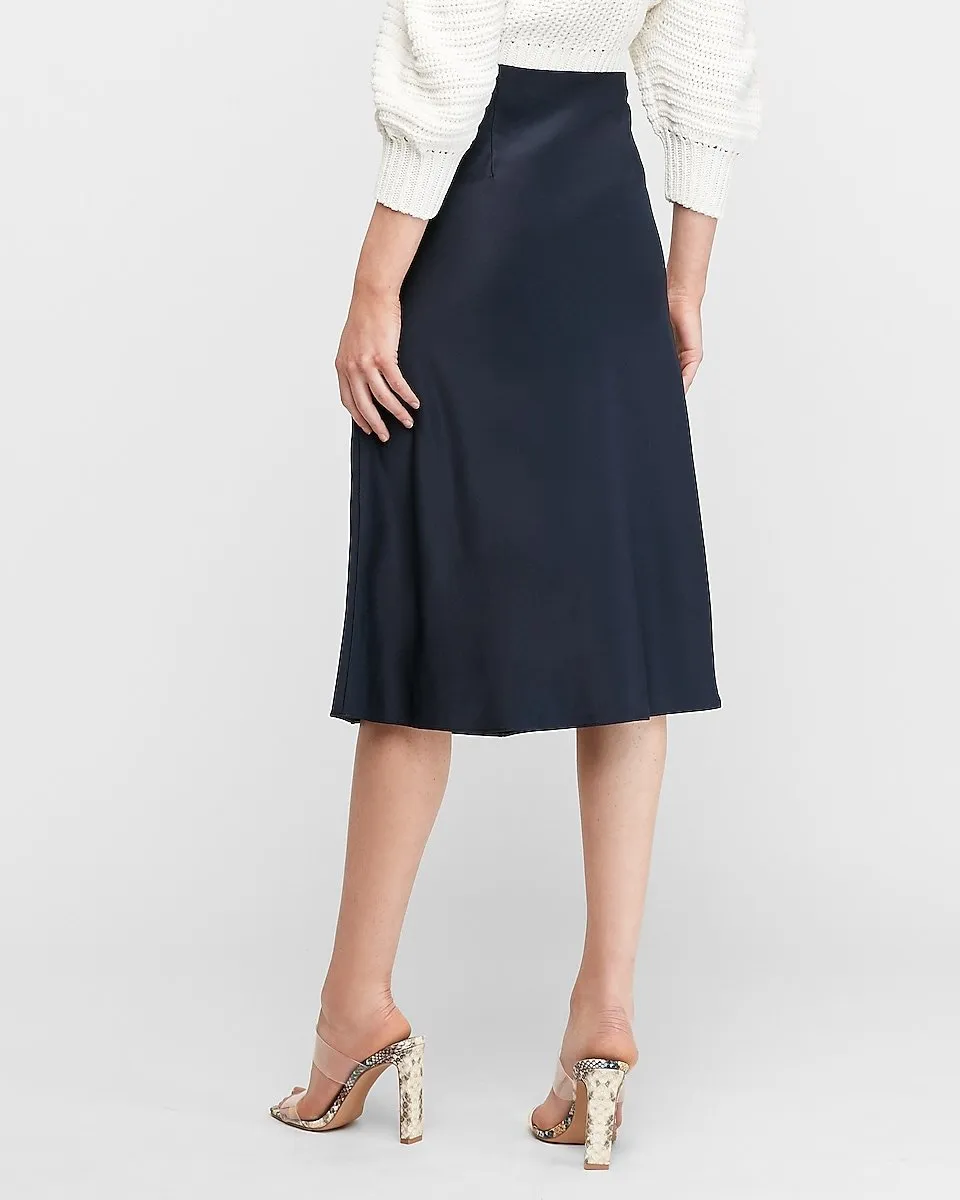 High Waisted Satin Midi Skirt in Navy Blue