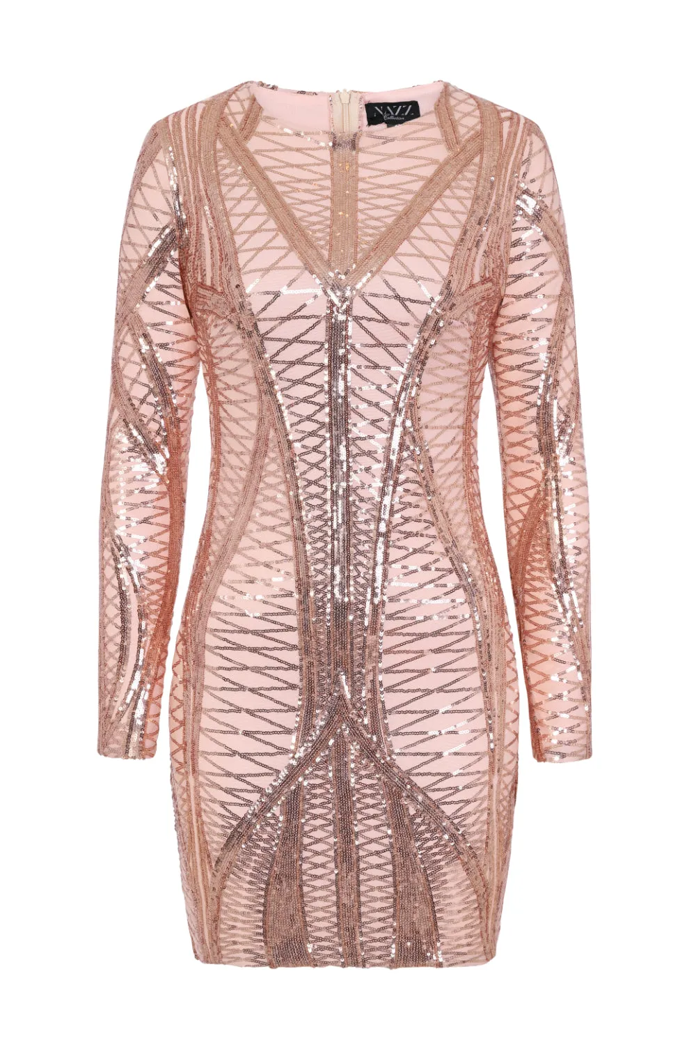 Hilton Luxe Rose Gold Nude Cage Sequin Bandage Illusion Dress