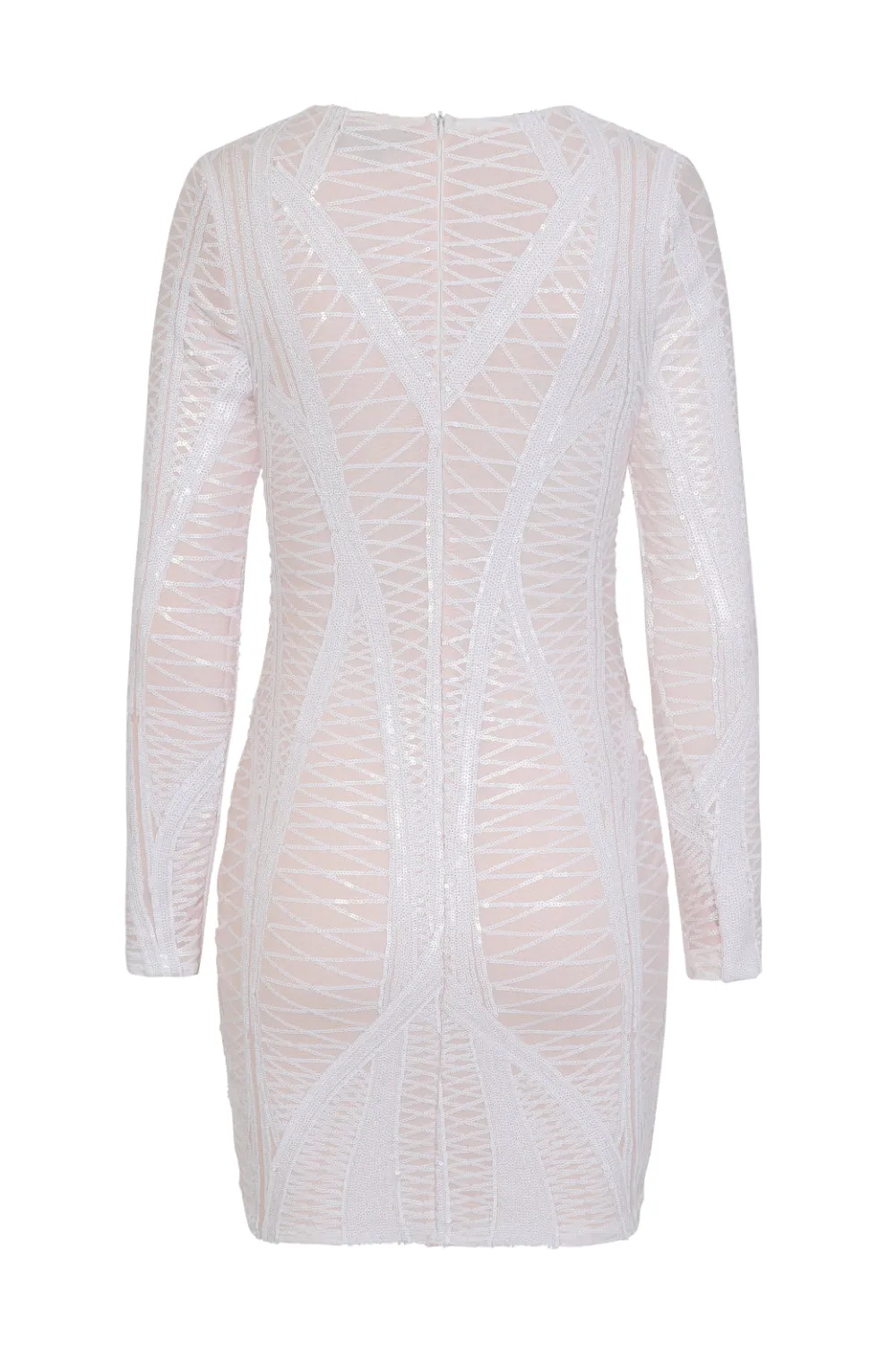 Hilton Luxe White Nude Cage Sequin Bandage Illusion Dress