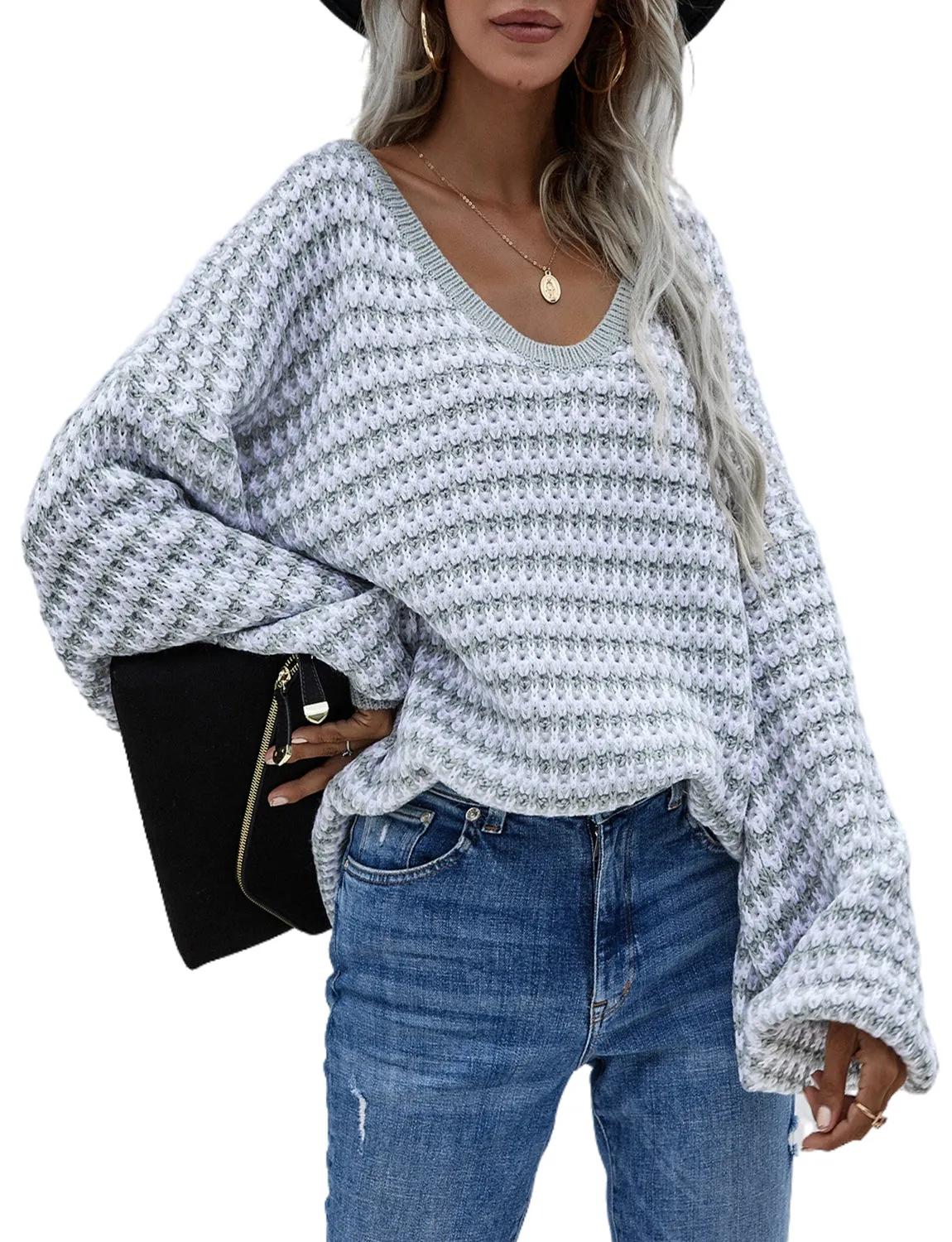 iB-iP Women's Dropped Shoulder Loose Casual Long Sleeve Pullover Sweater Cozy Top