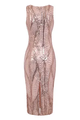 Iconic Luxe Rose Gold Cage Sequin Bandage Illusion Midi Pencil Dress