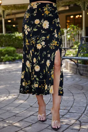 Irena Black Floral Side Slit Midi Skirt