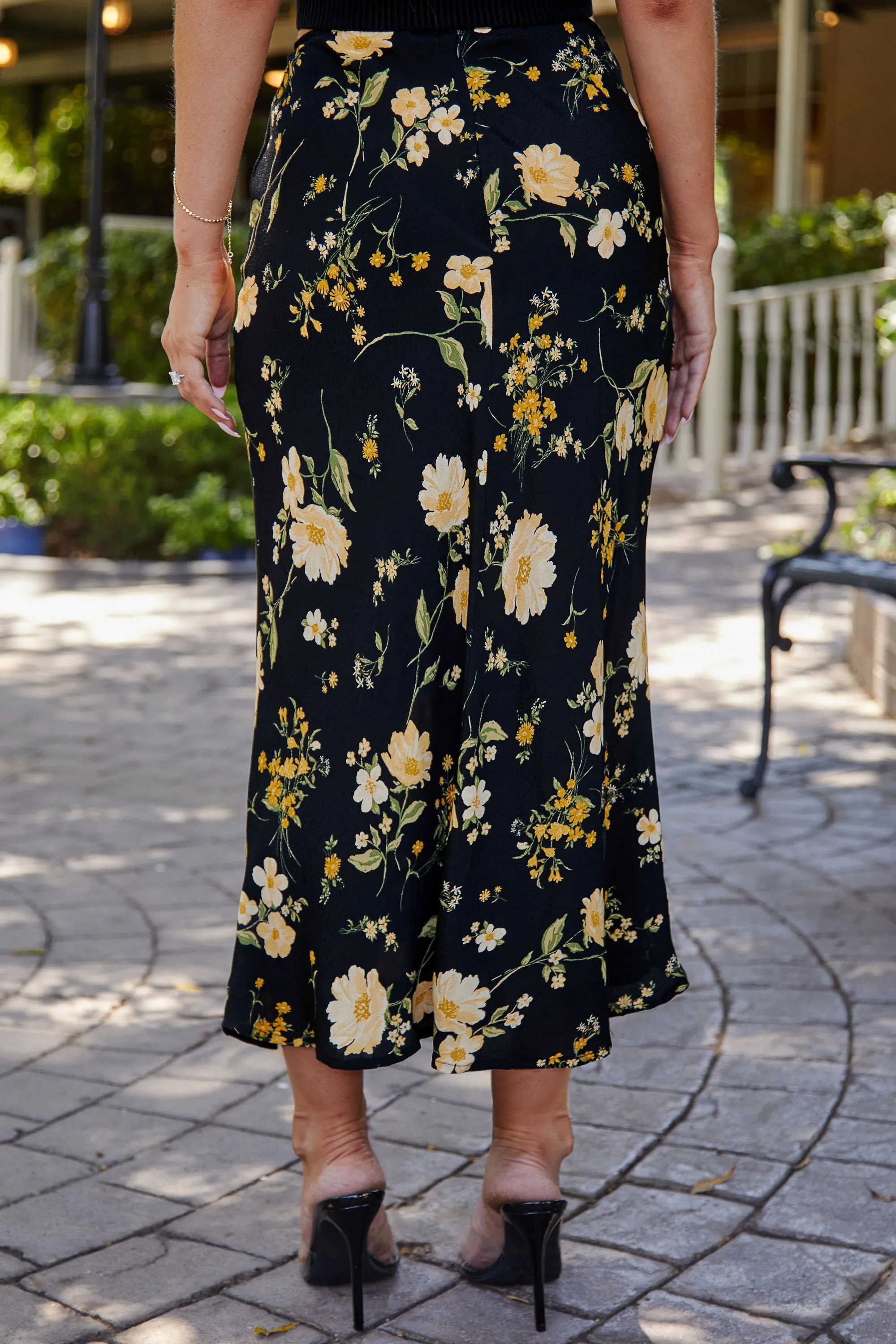 Irena Black Floral Side Slit Midi Skirt