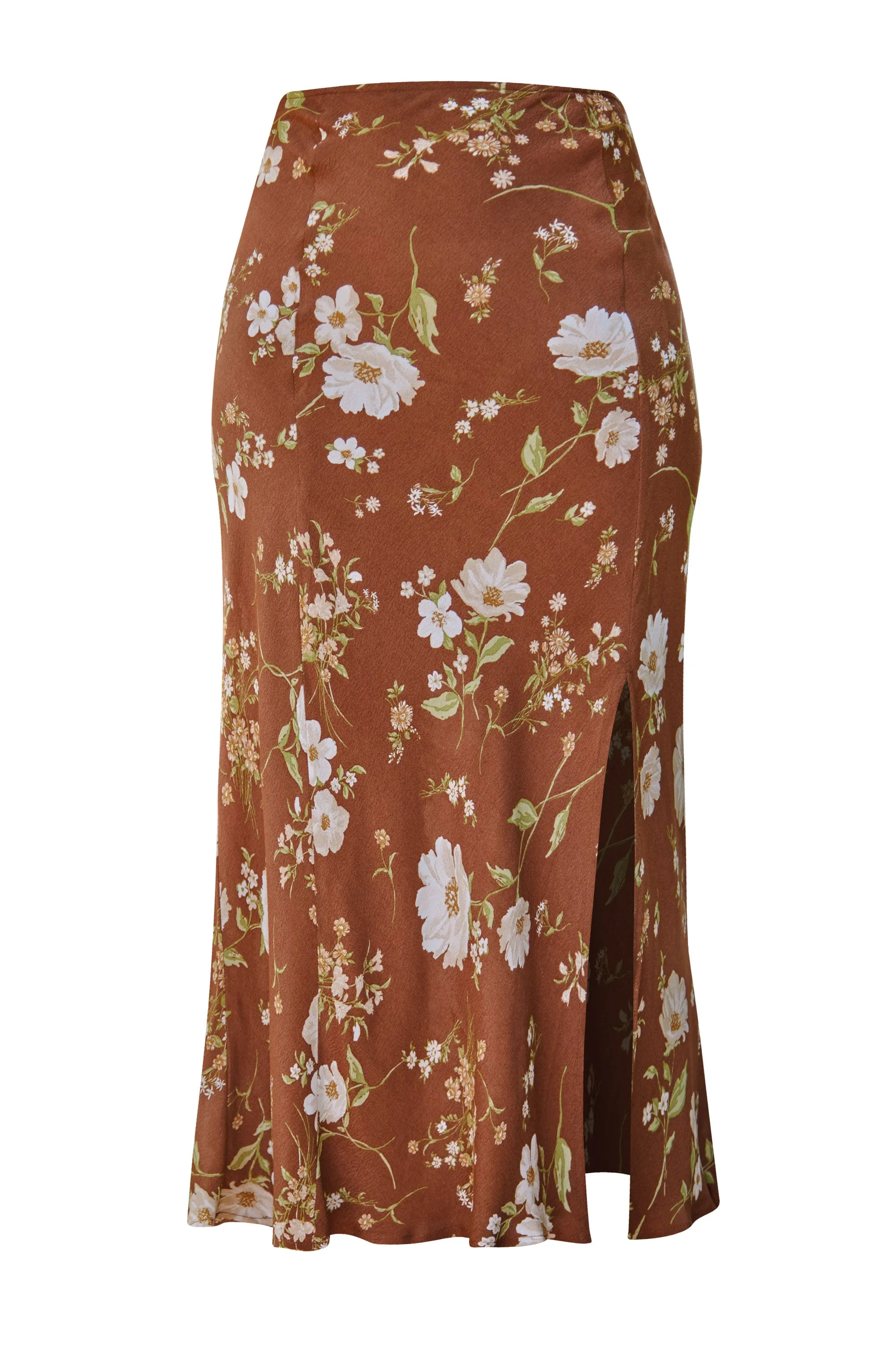 Irena Brown Floral Side Slit Midi Skirt