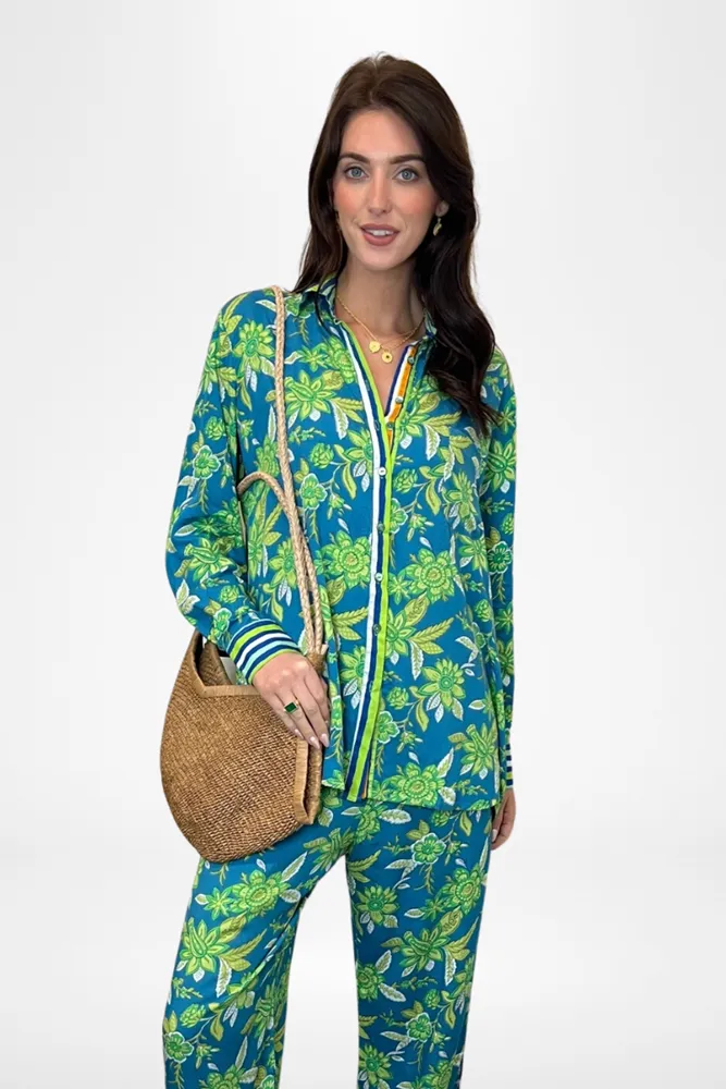 Isla Shirt Seaside Floral Print in Greens and Blues By Pixi Carnival