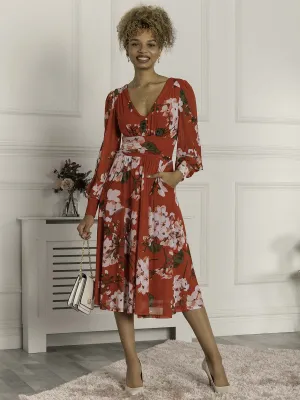 Jolie Moi Gianna Long Sleeve Mesh Midi Dress, Red Floral