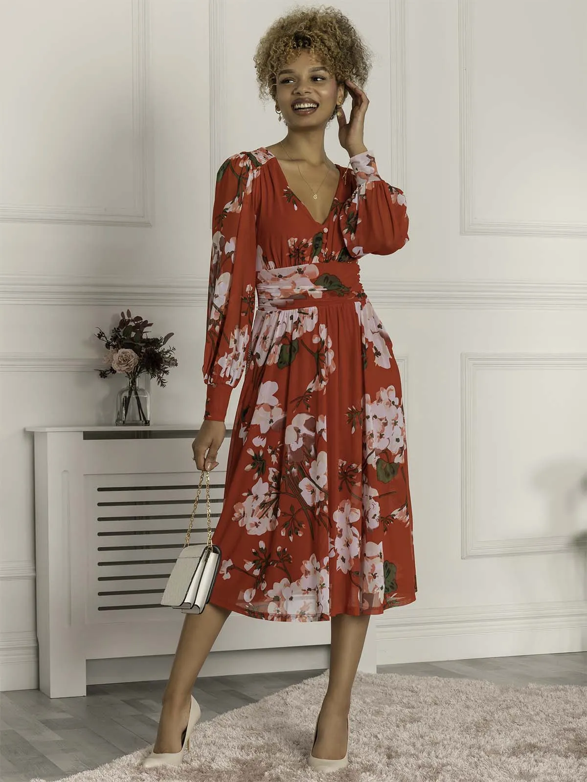 Jolie Moi Gianna Long Sleeve Mesh Midi Dress, Red Floral