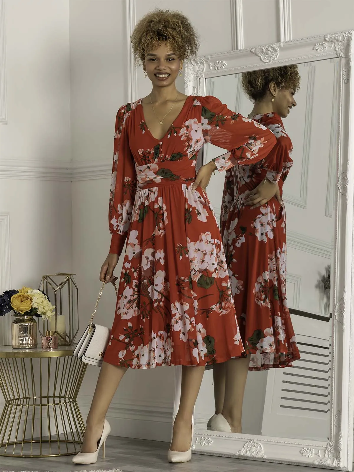 Jolie Moi Gianna Long Sleeve Mesh Midi Dress, Red Floral