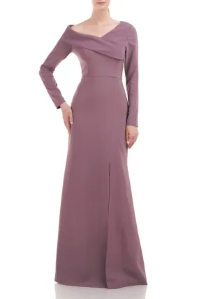 Kay Unger Asymmetrical Draped Neckline Long Sleeve Bodycon Zipper Back Stretch Crepe Dress