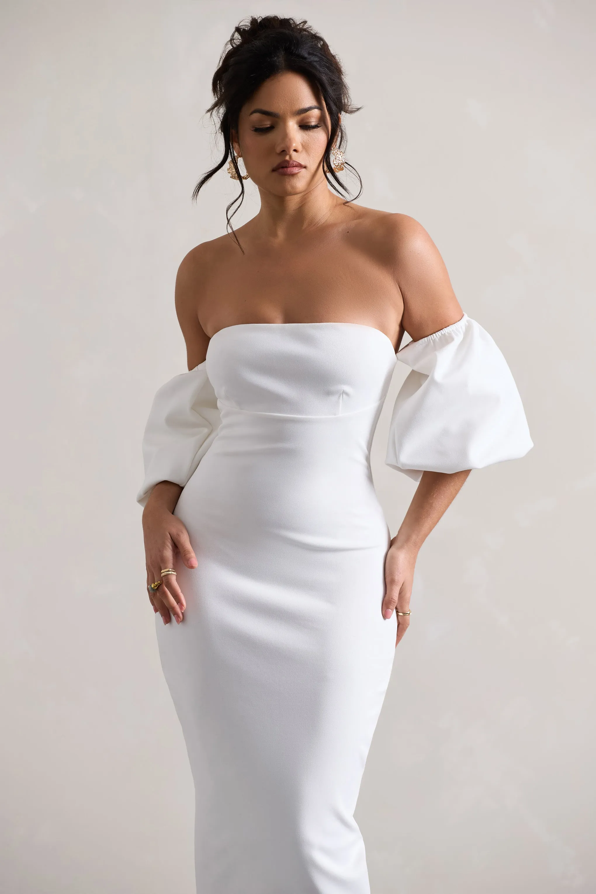 Keira | White Bardot Puff-Sleeve Midi Dress