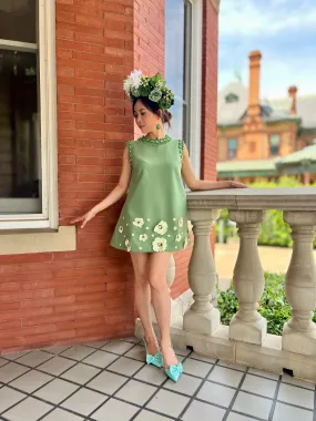 Kira dress in green Rhinestones pearls 3D flowers