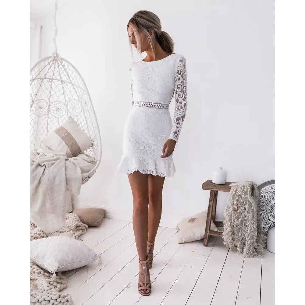 Lace Short Solid Color Long Sleeve Backless Tie-up Hollow Out Bodycon Summer Elegant Dress