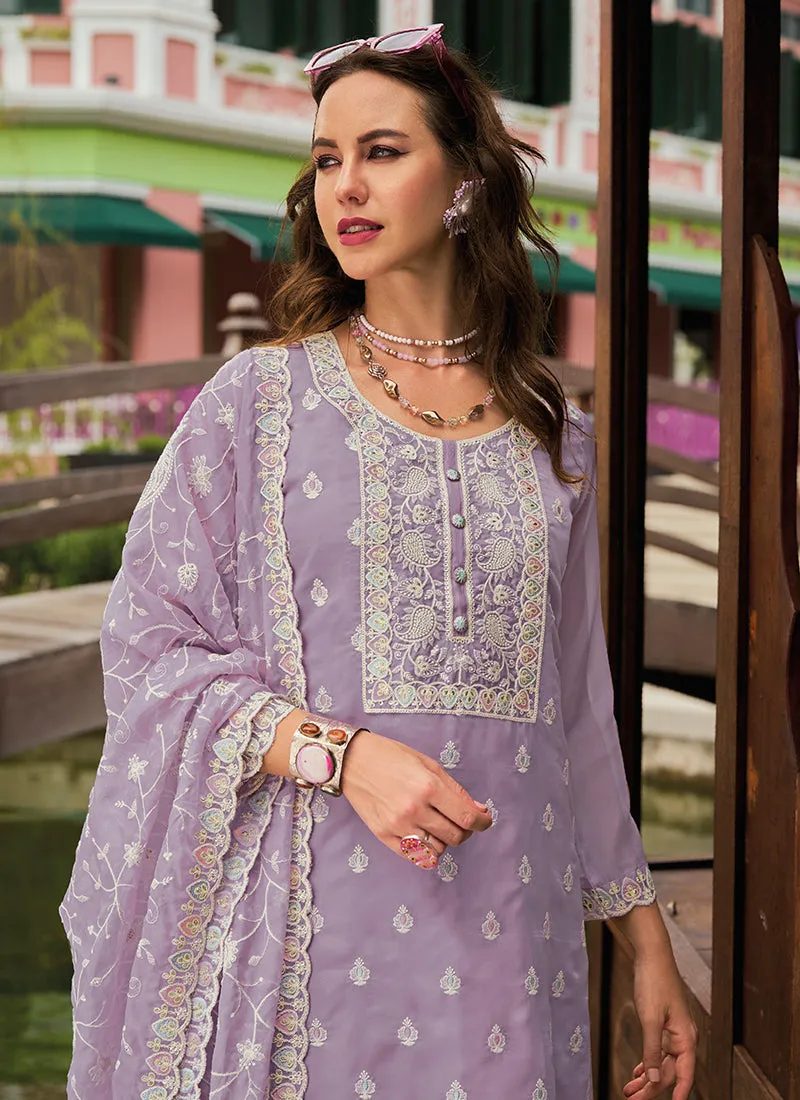 Lavender Traditional Embroidery Pant Style Suit