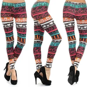 Leggings Multi Stripe Love Themed Heart Letter Stretch Skinny Pants