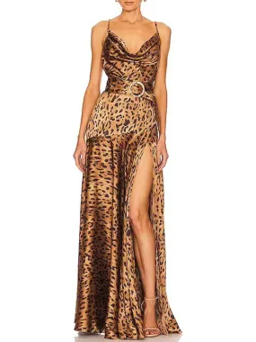 Leopard Print Spaghetti Strap Split Thigh Maxi Dress