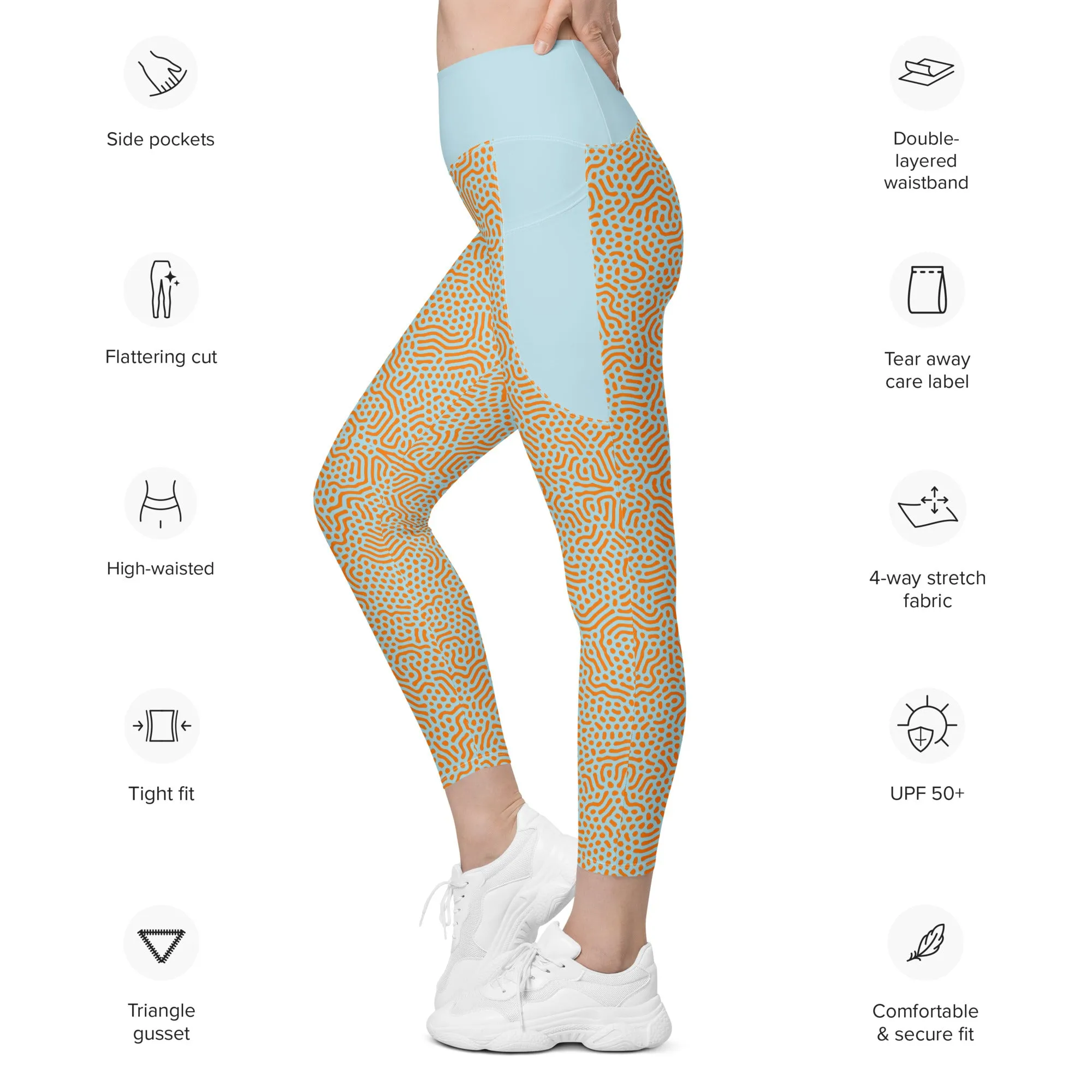 Life League Gear - Women's Leggings with Pockets - "CORAL" (Blue and Sunset Orange)