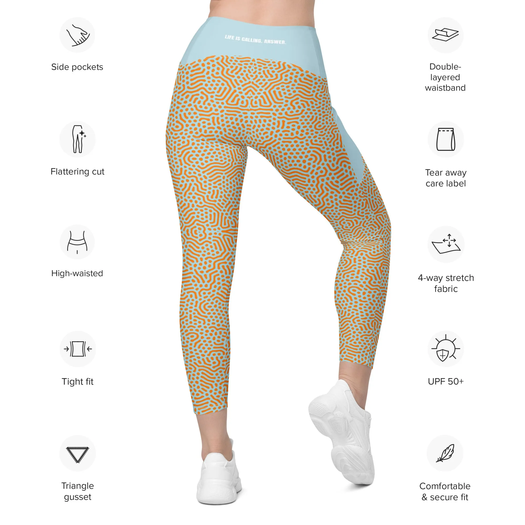 Life League Gear - Women's Leggings with Pockets - "CORAL" (Blue and Sunset Orange)