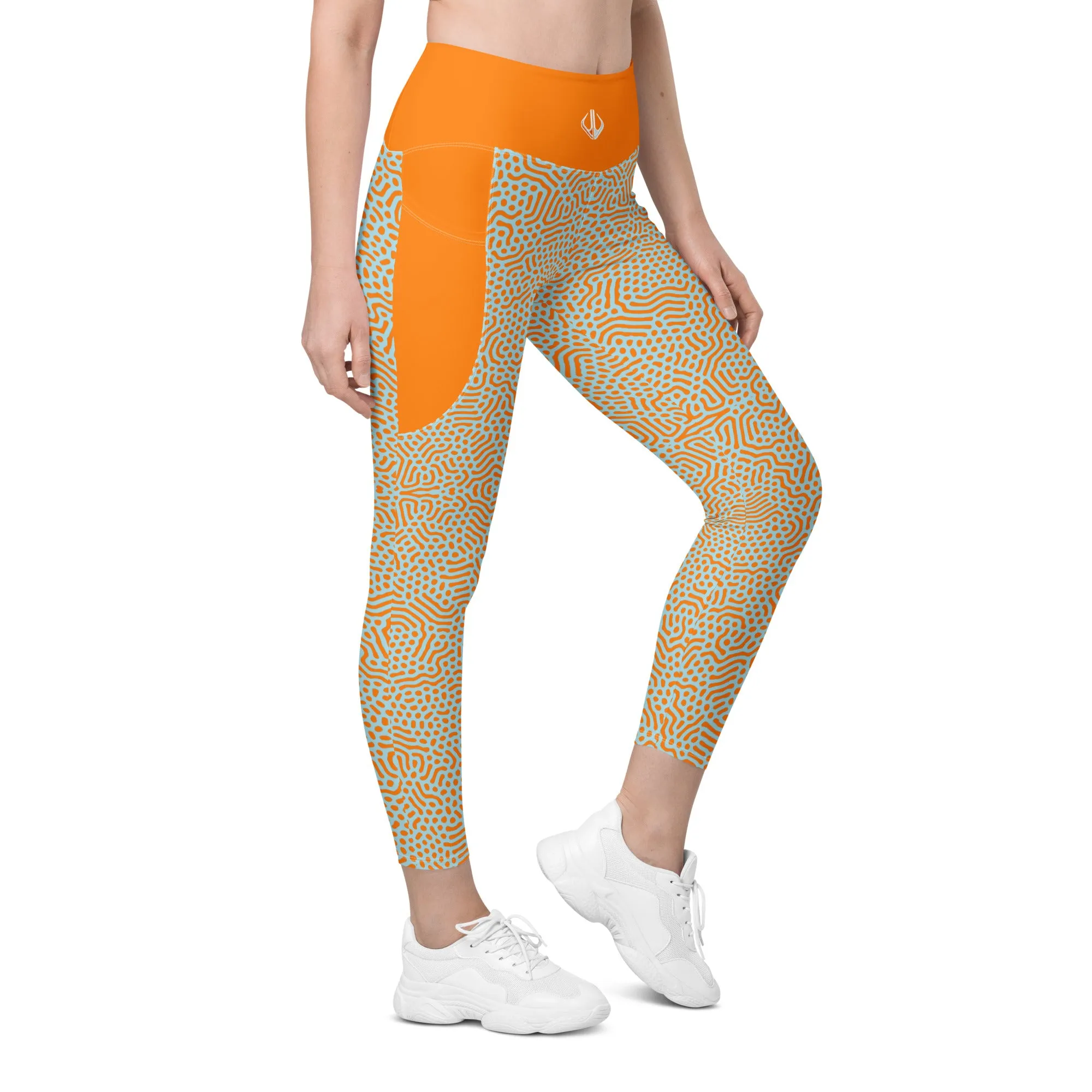 Life League Gear - Women's Leggings with Pockets - "CORAL" (Sunset Orange and Blue)