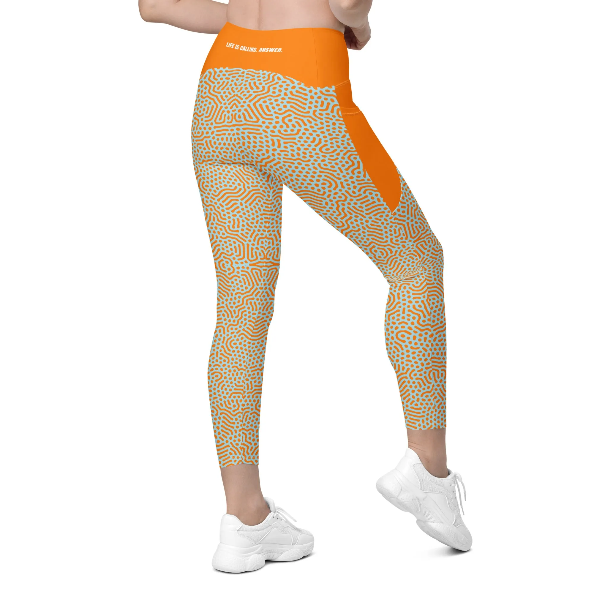 Life League Gear - Women's Leggings with Pockets - "CORAL" (Sunset Orange and Blue)