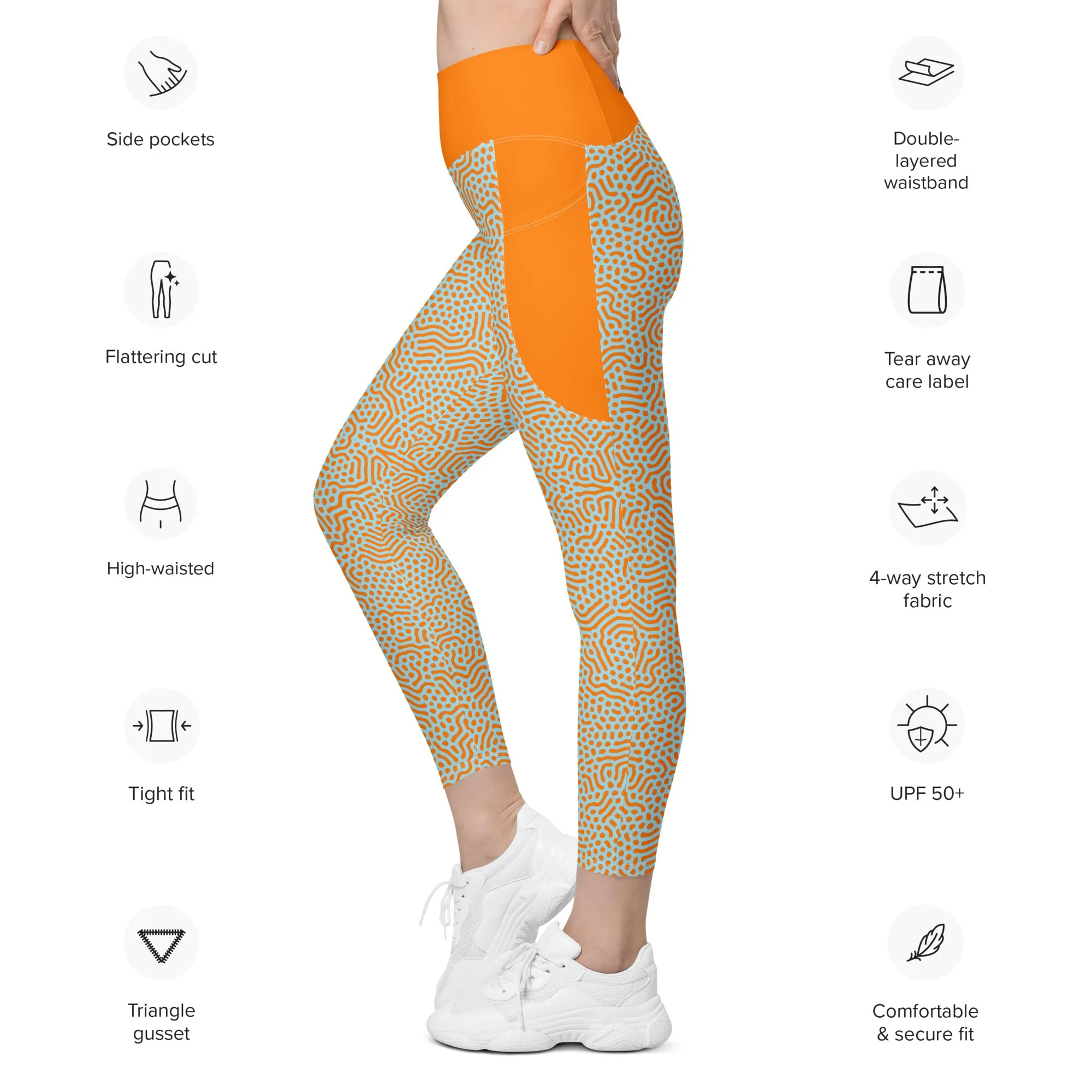 Life League Gear - Women's Leggings with Pockets - "CORAL" (Sunset Orange and Blue)