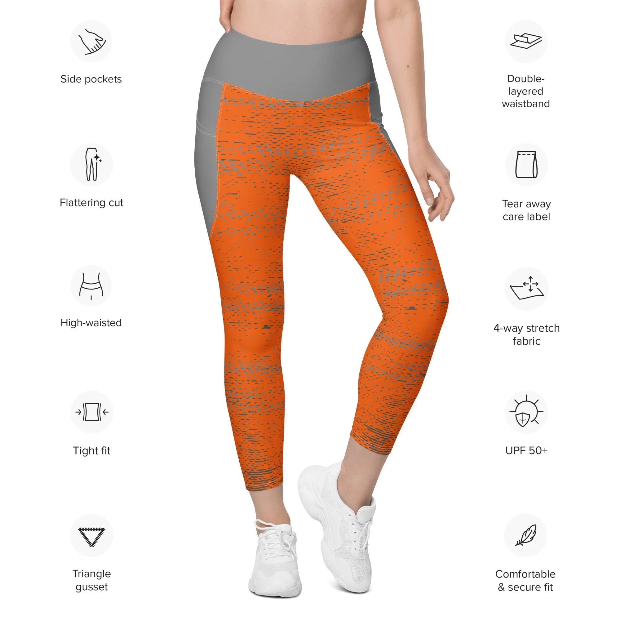 Life League Gear - Women's "ADAPT" Leggings with Pockets - HIGH VIZ ORANGE/SHARK GREY