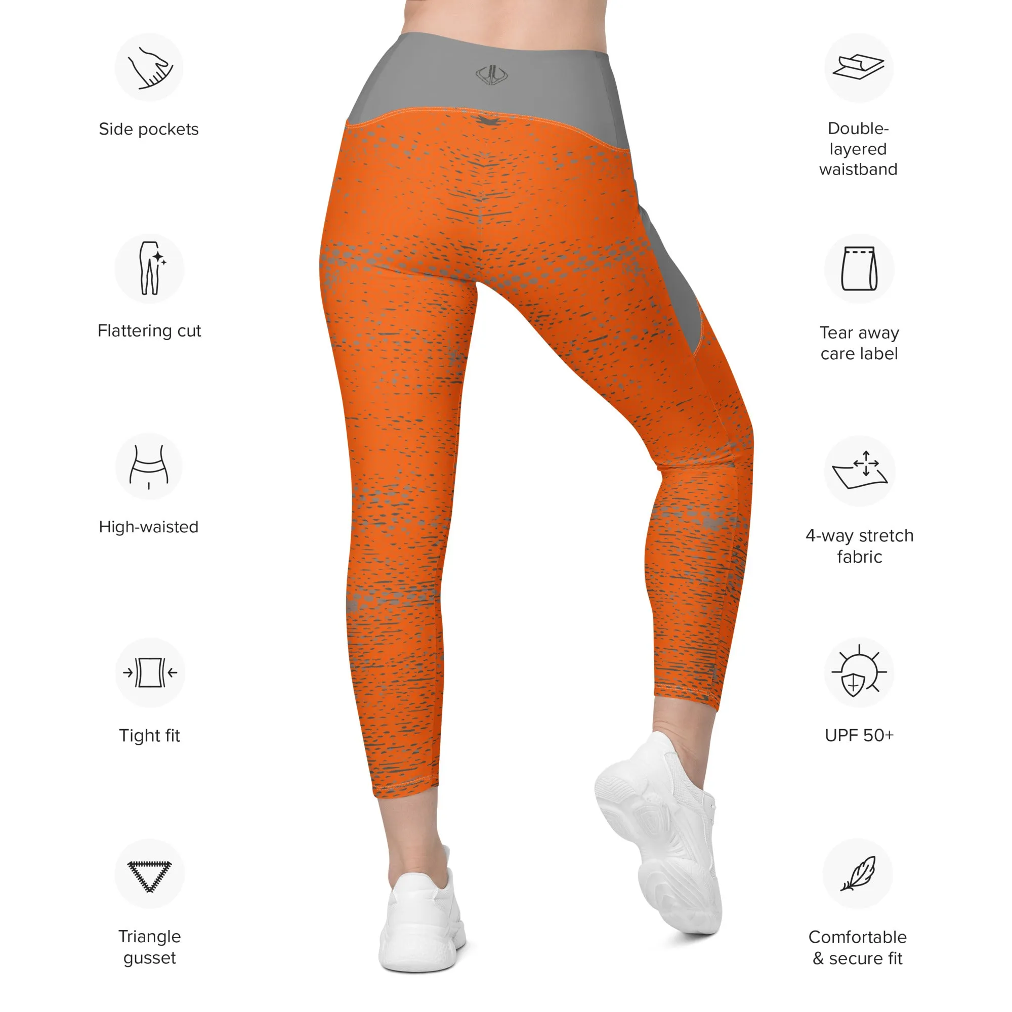 Life League Gear - Women's "ADAPT" Leggings with Pockets - HIGH VIZ ORANGE/SHARK GREY