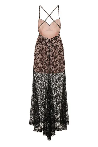 Lilly Black Nude Sheer Lace Applique Fishtail Maxi Dress