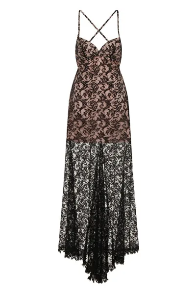 Lilly Black Nude Sheer Lace Applique Fishtail Maxi Dress