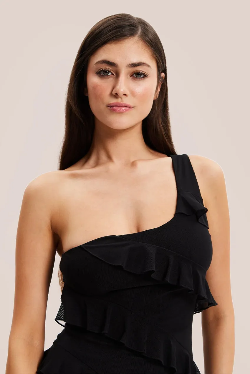 Liquorish Diagonal Ruffle One Shoulder Mini Dress In Black