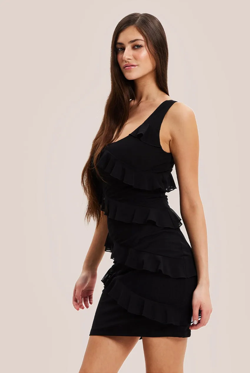 Liquorish Diagonal Ruffle One Shoulder Mini Dress In Black