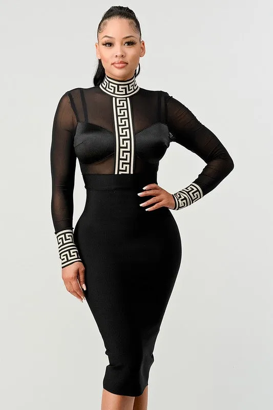 Long-Sleeved Mock Neck Partial Mesh Greek Key Black Bandage Dress