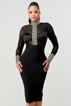 Long-Sleeved Mock Neck Partial Mesh Greek Key Black Bandage Dress