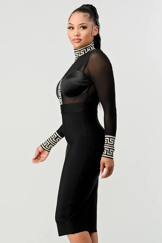 Long-Sleeved Mock Neck Partial Mesh Greek Key Black Bandage Dress