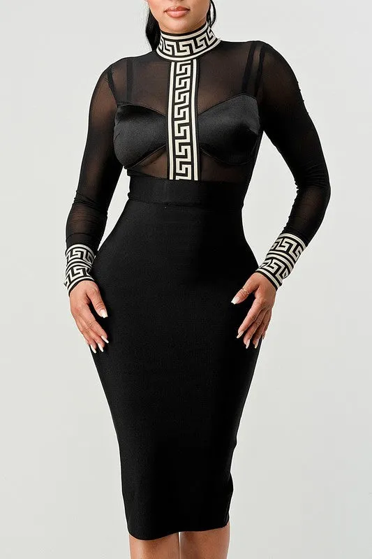 Long-Sleeved Mock Neck Partial Mesh Greek Key Black Bandage Dress