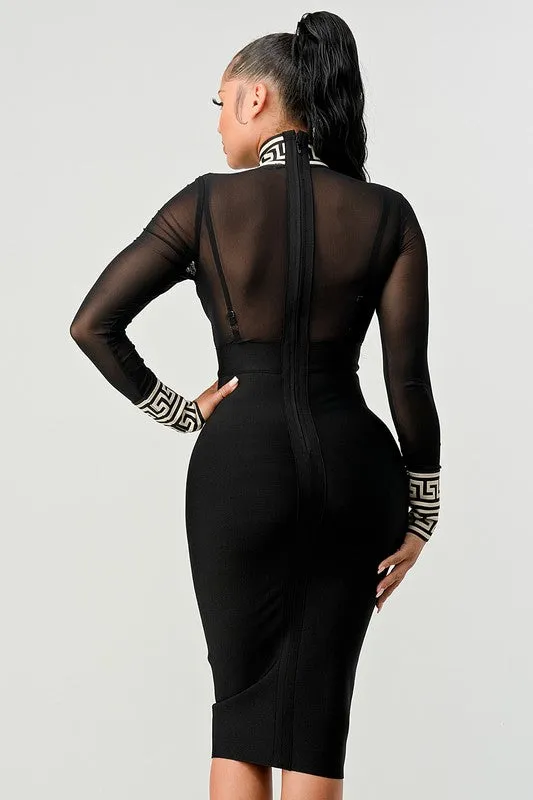 Long-Sleeved Mock Neck Partial Mesh Greek Key Black Bandage Dress