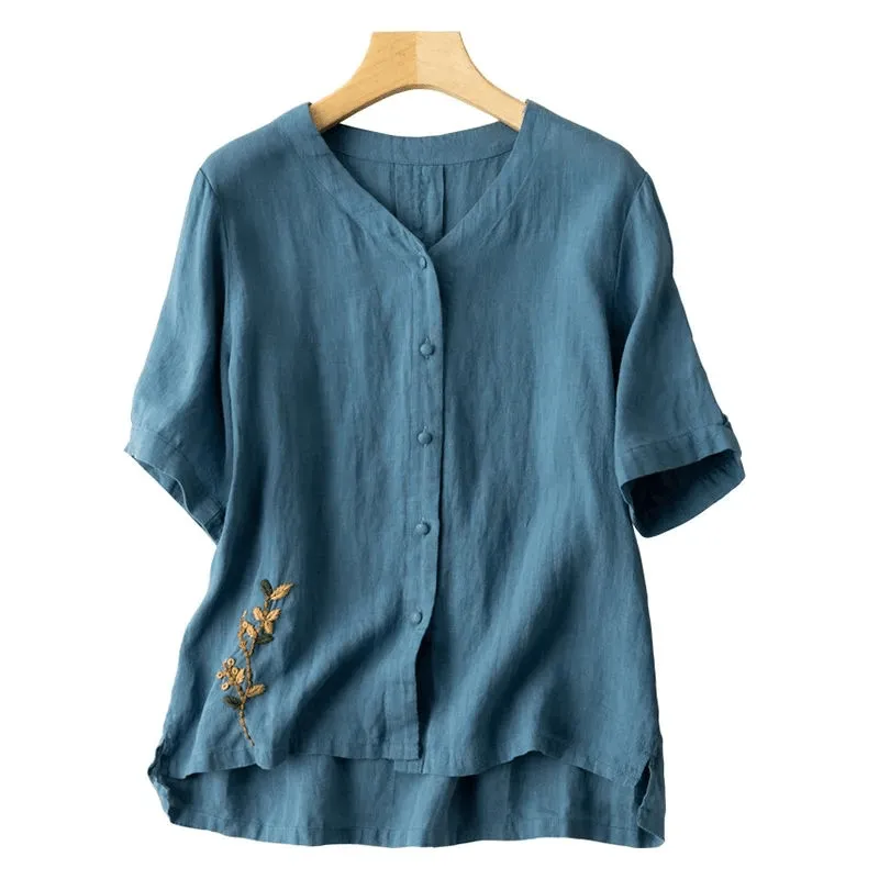 Loose Embroidered V-Neck Short Sleeve T-Shirt