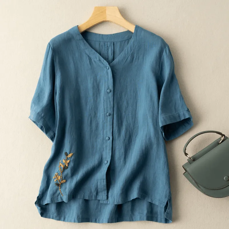 Loose Embroidered V-Neck Short Sleeve T-Shirt