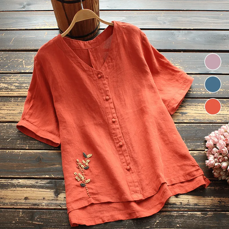 Loose Embroidered V-Neck Short Sleeve T-Shirt