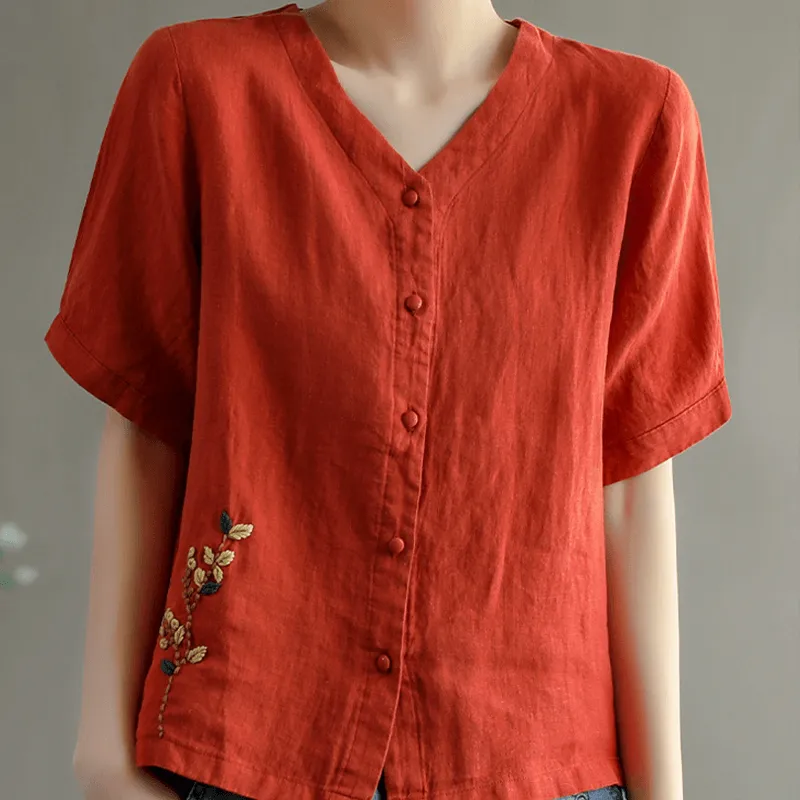 Loose Embroidered V-Neck Short Sleeve T-Shirt